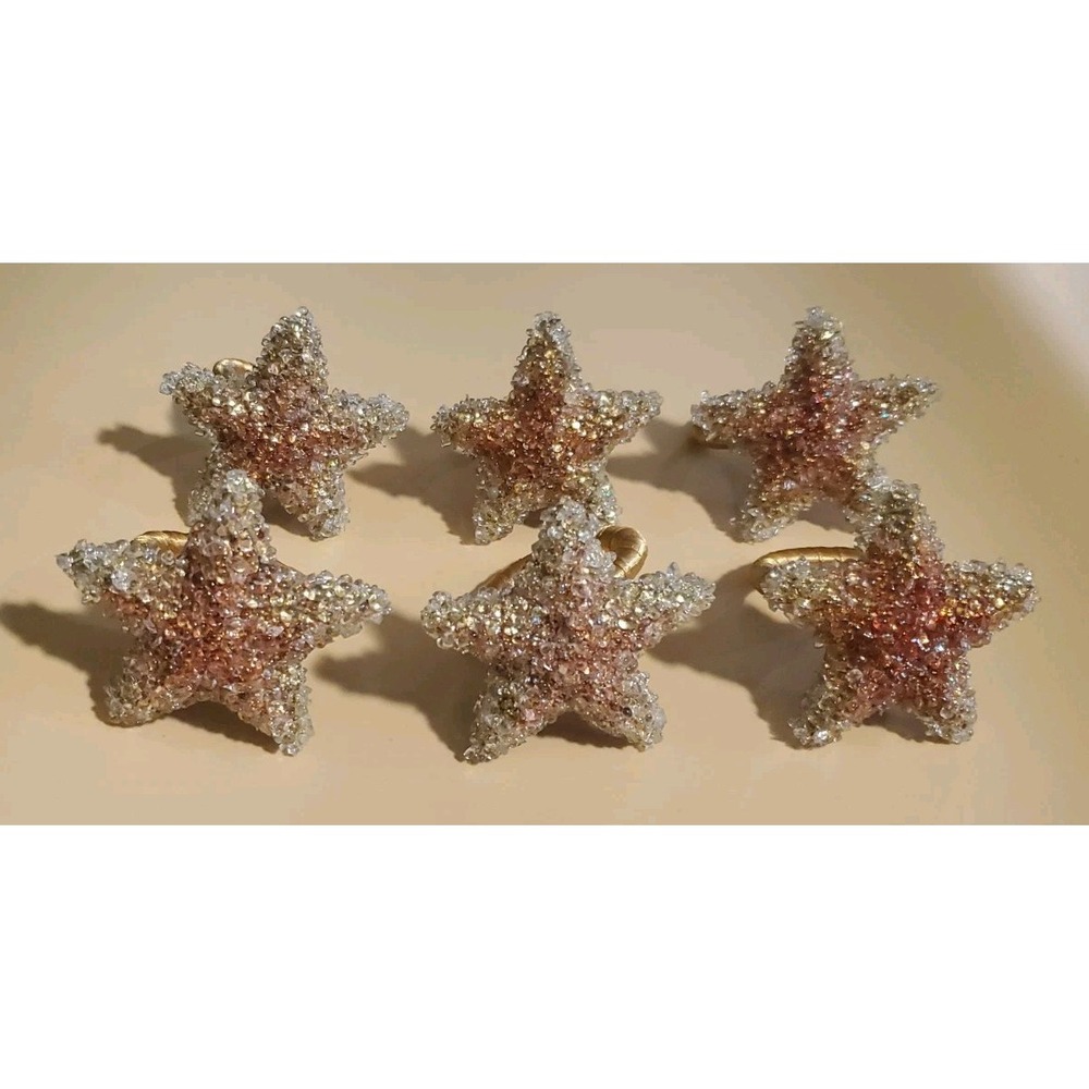 Vintage Pier 1 Imports Beaded Star Napkin Rings Pink Gold Shimmer Set of 6